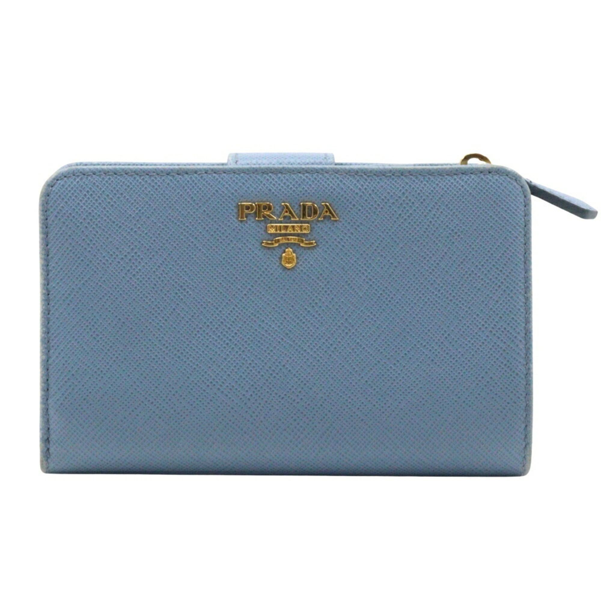 Prada Bi-Fold Wallet Saffiano Astrale Light Blue Snap Button For Women